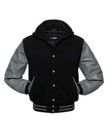 Front view of Black and Grey Varsity Jacket featuring a hoodie collar, sleek black wool body, and refined grey leather sleeves.