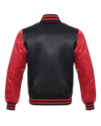 Black &amp; Red Satin Sleeve Bomber Jacket: Front view showcasing a stylish design with black body fabric and vibrant red satin sleeves, featuring ribbed cuffs and hem.