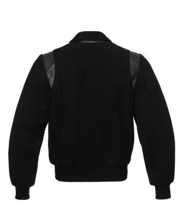 Front view of Black Retro Varsity Jacket featuring a retro collar, black wool body and sleeves, with seamless black leather shoulder inserts.