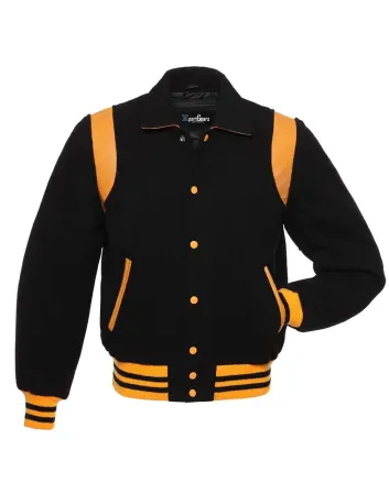 Black Retro Varsity Jacket with Gold Shoulder Inserts