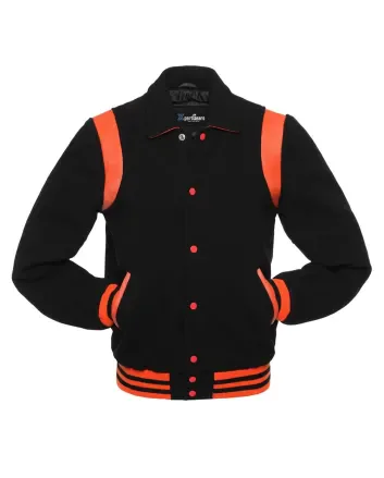 Black Retro Varsity Jacket with Orange Shoulder Inserts