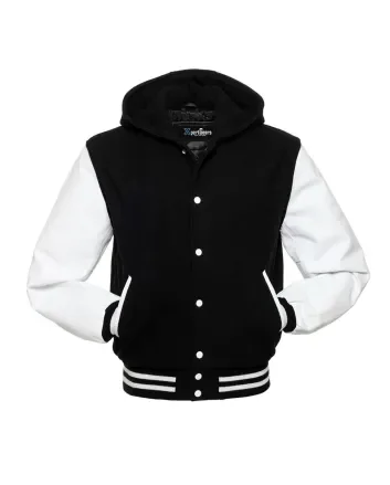 Front view of Black and White Varsity Jacket featuring a hoodie collar, black wool body, and contrasting white leather sleeves.