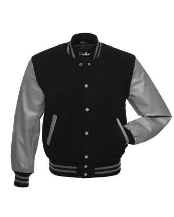 Black Wool American Varsity Jacket with Grey Vinyl Sleeves