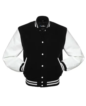 Black Wool American Varsity Jacket with White Vinyl Sleeves