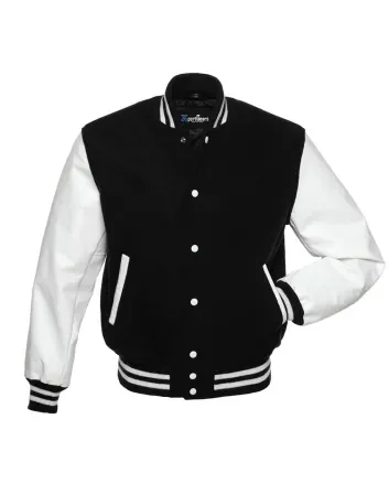 Black Wool American Varsity Jacket with White Vinyl Sleeves