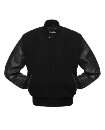 Black Wool and Black Cowhide Leather American Varsity Jacket 