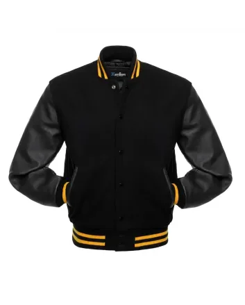 Black Wool Body American Varsity Jacket with Black Leather Sleeves - Front View