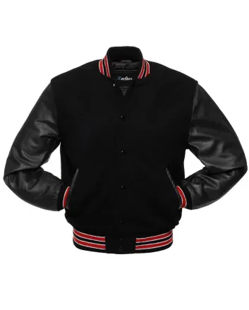 Black Wool Body American Varsity Jacket with Black Leather Sleeves