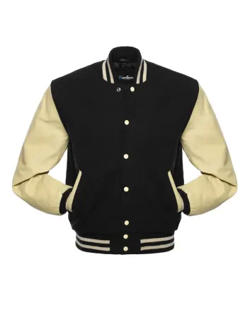 Black Wool Body American Varsity Jacket with Cream Leather Sleeves