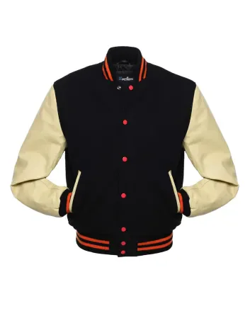 Black Wool Body American Varsity Jacket with Cream Leather Sleeves