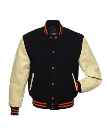 Black Wool Body American Varsity Jacket with Cream Leather Sleeves