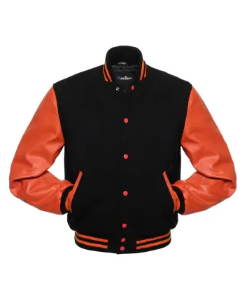 Black Wool Body American Varsity Jacket with Orange Leather Sleeves