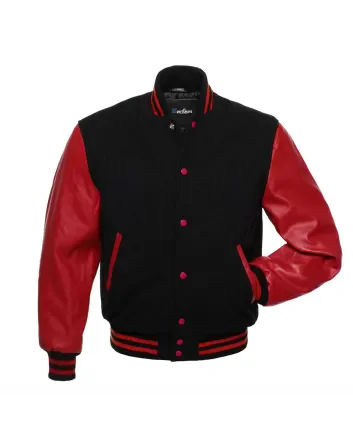 Black Wool Body American Varsity Jacket with Red Leather Sleeves