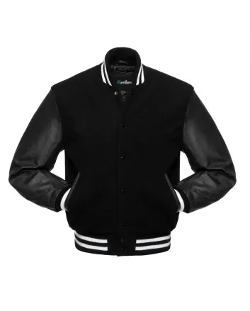 Black Wool Body American Varsity Jacket with White Leather Sleeves