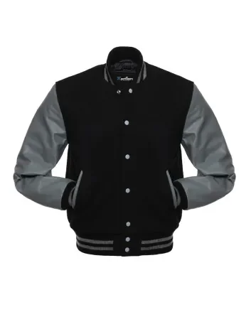 Black Wool and Grey Cowhide Leather American Varsity Jacket