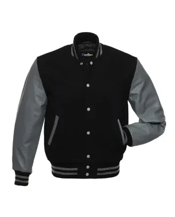 Black Wool and Grey Cowhide Leather American Varsity Jacket