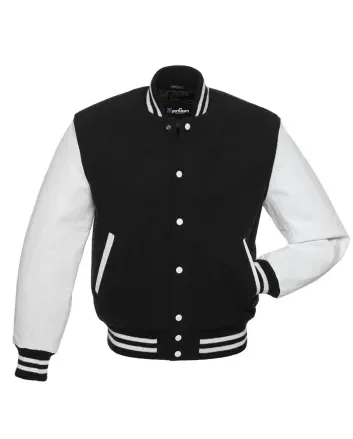 Black Wool and White Cowhide Leather American Varsity Jacket