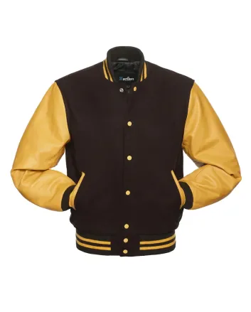 Brown Wool Body American Varsity Jacket with Gold Leather Sleeves