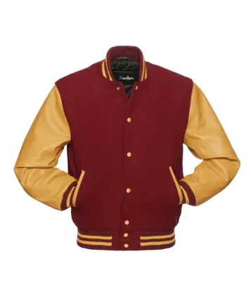 Cardinal Wool Body American Varsity Jacket with Gold Leather Sleeves