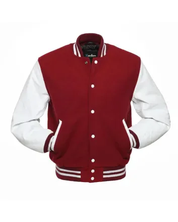 Cardinal Wool Body American Varsity Jacket with White Leather Sleeves
