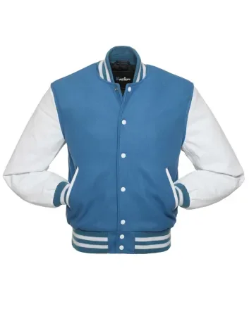Columbia Blue Wool Body American Varsity Jacket with White Leather Sleeves