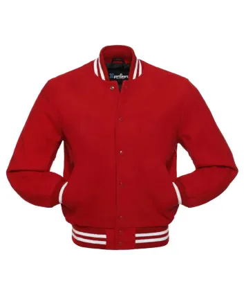 Crimson Classic Wool Varsity Jacket: Front view displaying the vibrant crimson wool and contrasting stripes on cuffs and hem, featuring an embroidered logo on the chest.