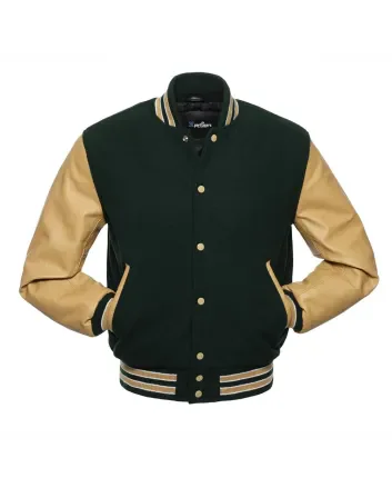 Forest Green Wool Body American Varsity Jacket with Tan Leather Sleeves - Front View