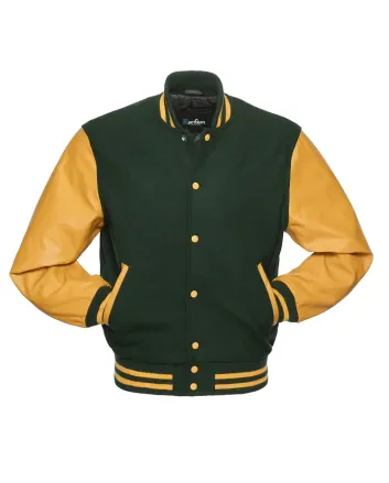 Forest Green Wool and Gold Cowhide Leather American Varsity Jacket 