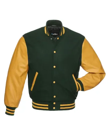 Forest Green Wool and Gold Cowhide Leather American Varsity Jacket 