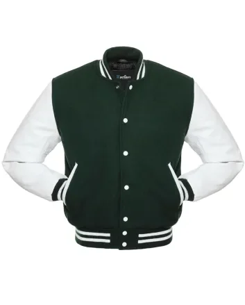 Forest Green Wool and White Cowhide Leather American Varsity Jacket