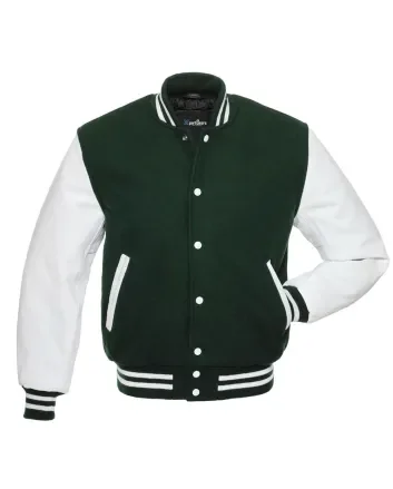Forest Green Wool and White Cowhide Leather American Varsity Jacket
