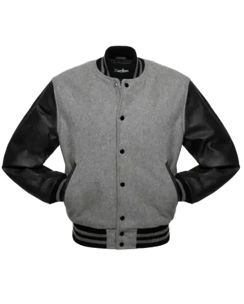 Grey Wool Body American Varsity Jacket with Black Leather Sleeves