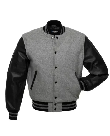Grey Wool Body American Varsity Jacket with Black Leather Sleeves