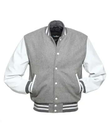Grey Wool Body American Varsity Jacket with White Leather Sleeves
