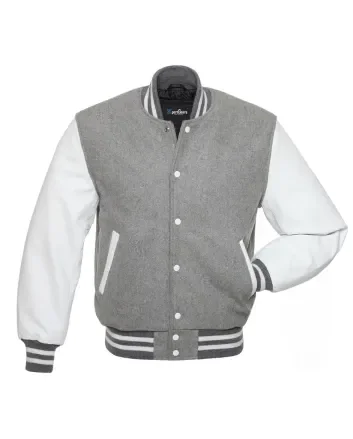 Grey Wool Body American Varsity Jacket with White Leather Sleeves