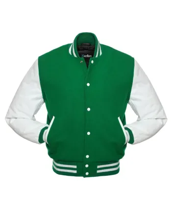 Kelly Green Wool and white Cowhide Leather American Varsity Jacket 