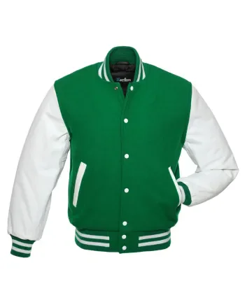 Kelly Green Wool and white Cowhide Leather American Varsity Jacket 