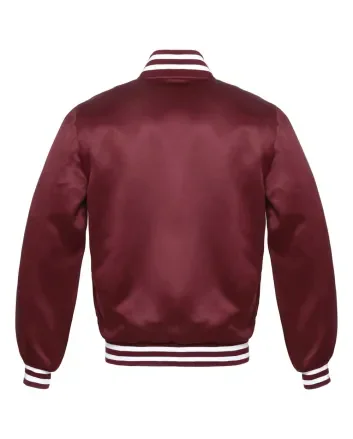 Maroon Striped Satin Bomber Jacket: Front view showcasing the elegant maroon satin fabric with contrasting stripes on cuffs and hem, featuring a stylish bomber design.
