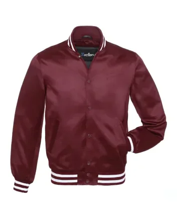 Maroon Striped Satin Bomber Jacket: Front view showcasing the elegant maroon satin fabric with contrasting stripes on cuffs and hem, featuring a stylish bomber design.
