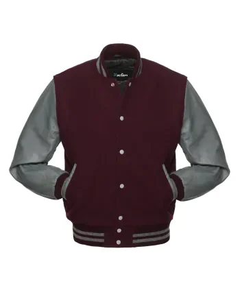 Maroon Wool Body American Varsity Jacket with Grey Leather Sleeves