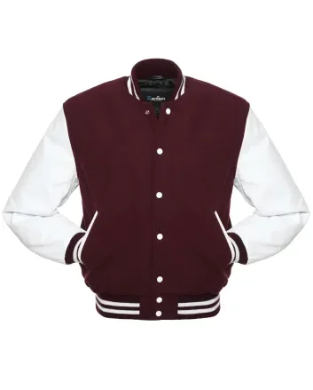 Maroon Wool Body American Varsity Jacket with White Leather Sleeves