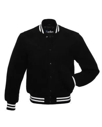 Midnight Monochrome Wool Varsity Jacket: Front view displaying the sleek, monochrome design with minimalistic accents and a focus on the embroidered logo.
