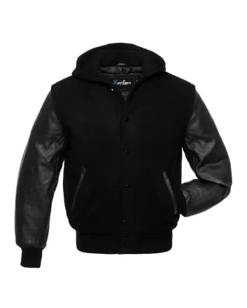 Front view of Midnight Run Black Wool Varsity Jacket showcasing ribbed cuffs and hem, button-up closure, and contrasting leather sleeves.