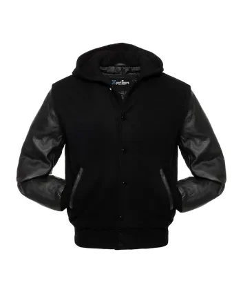 Front view of Midnight Run Black Wool Varsity Jacket showcasing ribbed cuffs and hem, button-up closure, and contrasting leather sleeves.