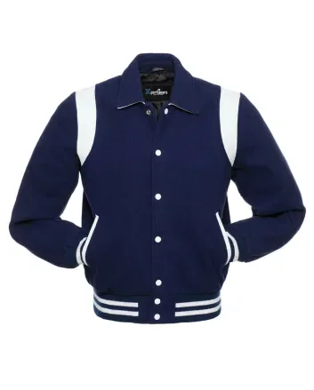 Navy Blue Retro Varsity Jacket with White Shoulder Inserts
