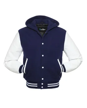 Front view of Navy Blue and White Varsity Jacket featuring a hoodie collar, navy blue wool body, and contrasting white leather sleeves.