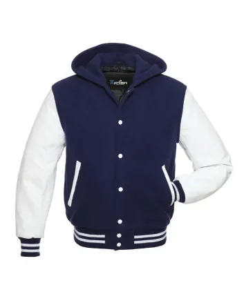 Front view of Navy Blue and White Varsity Jacket featuring a hoodie collar, navy blue wool body, and contrasting white leather sleeves.