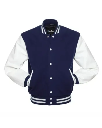 Navy Blue Wool American Varsity Jacket with White Vinyl Sleeves