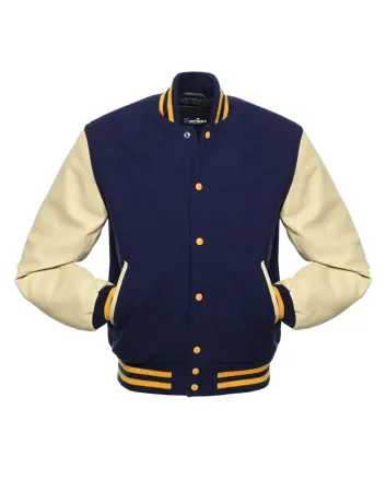 Navy Blue Wool Body American Varsity Jacket with Cream Leather Sleeves