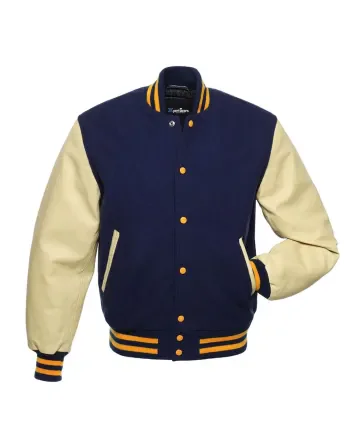 Navy Blue Wool Body American Varsity Jacket with Cream Leather Sleeves